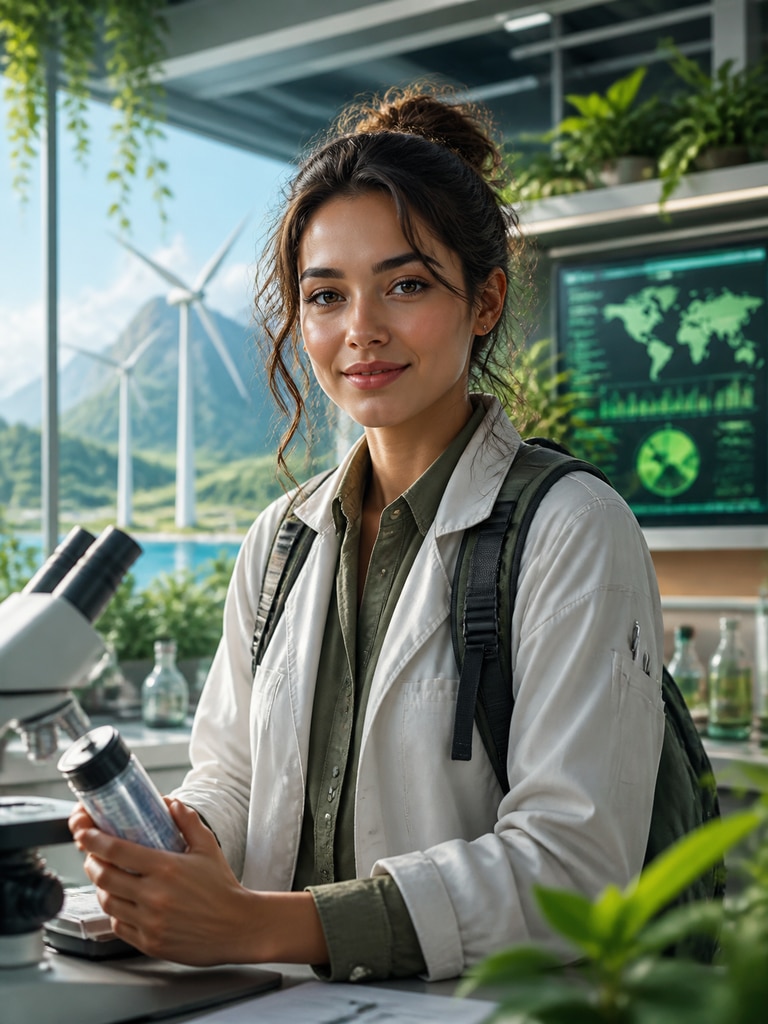 AI-generated adult future-self environmental scientist avatar with research gear and modern eco-tech visual identity
