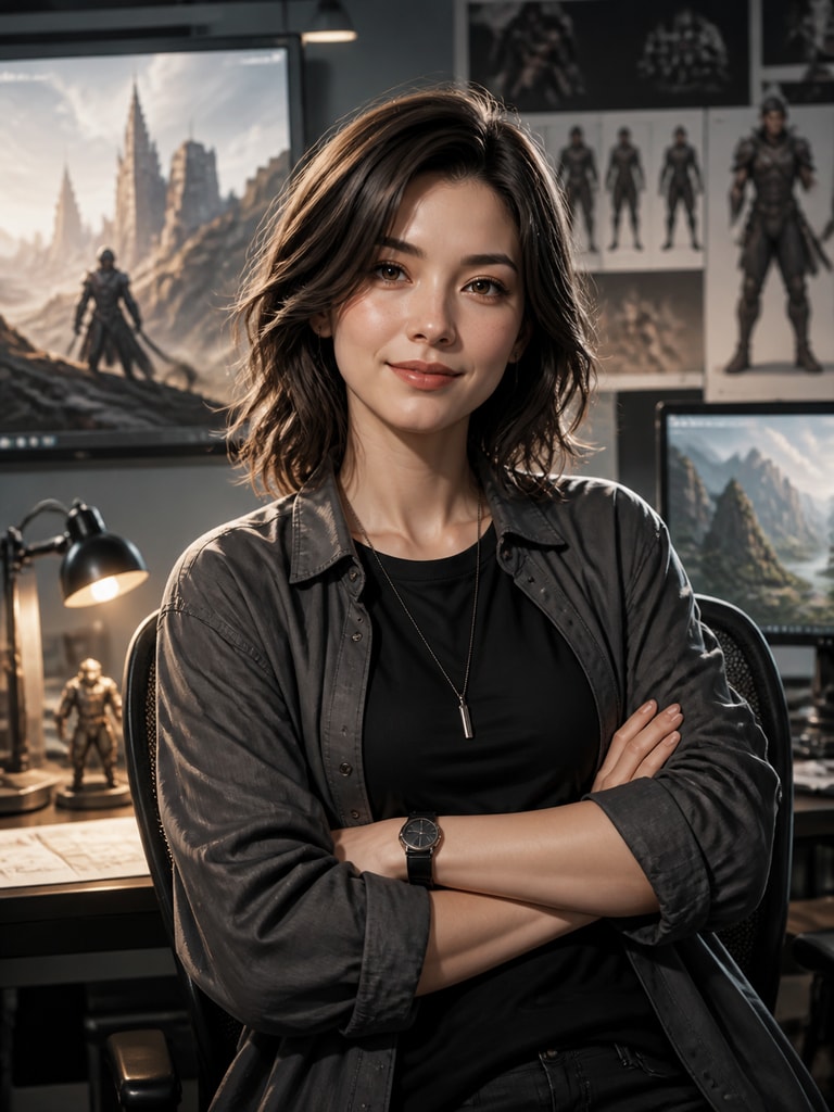 AI-generated adult future-self game director character reference with creative studio styling and cinematic personality