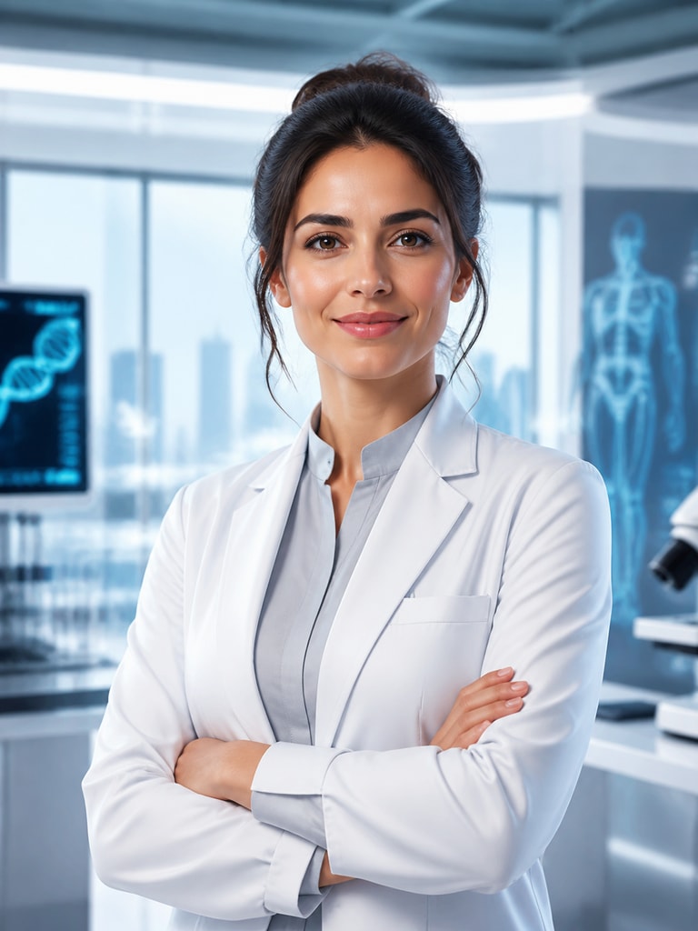 AI-generated adult future-self medical innovator portrait with clean biotech fashion and professional character detail
