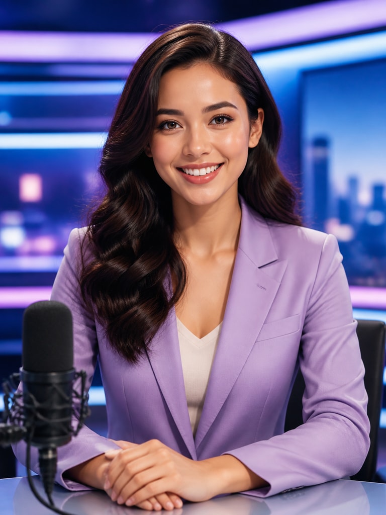 AI-generated adult future-self media host character portrait designed for campaign visuals and branded social content