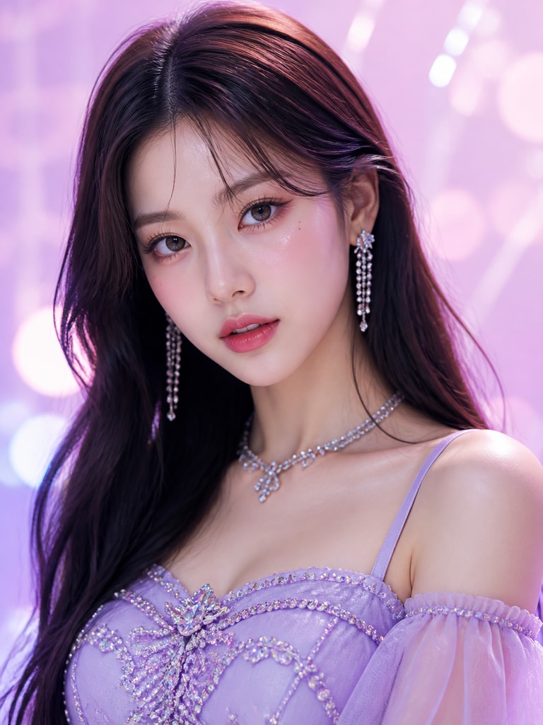 Fictional adult K-pop girl group center character with glossy stage styling, pastel lighting, and debut concept portrait