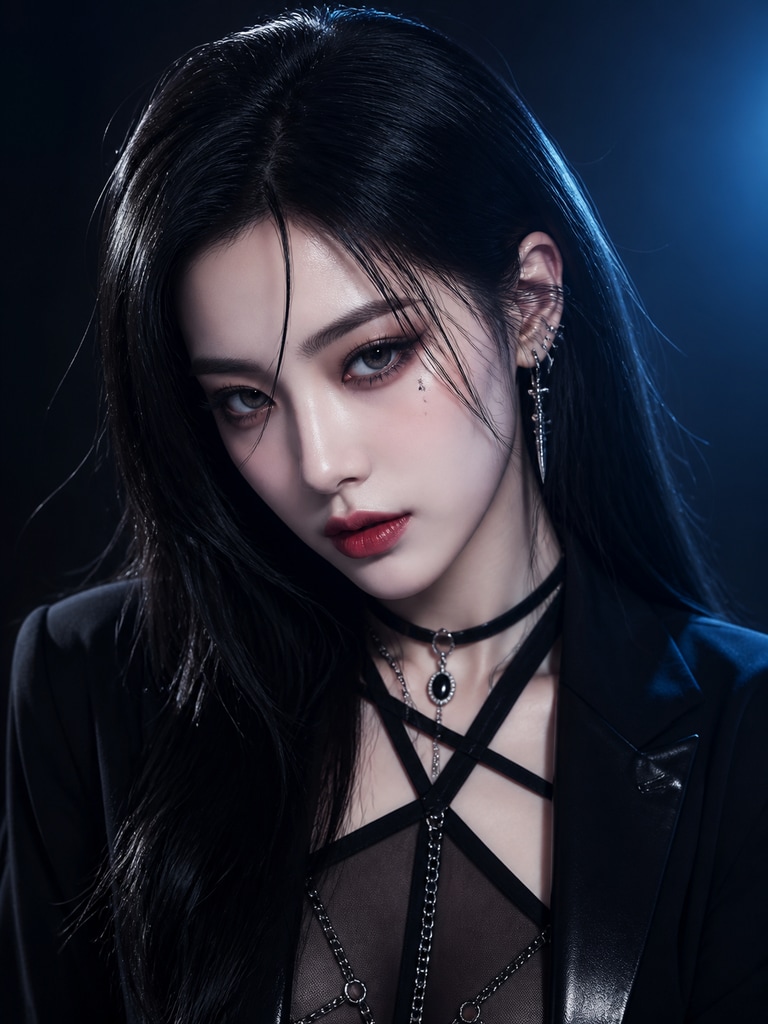 Fictional adult K-pop soloist character with dark pop fashion, dramatic makeup, and comeback teaser portrait