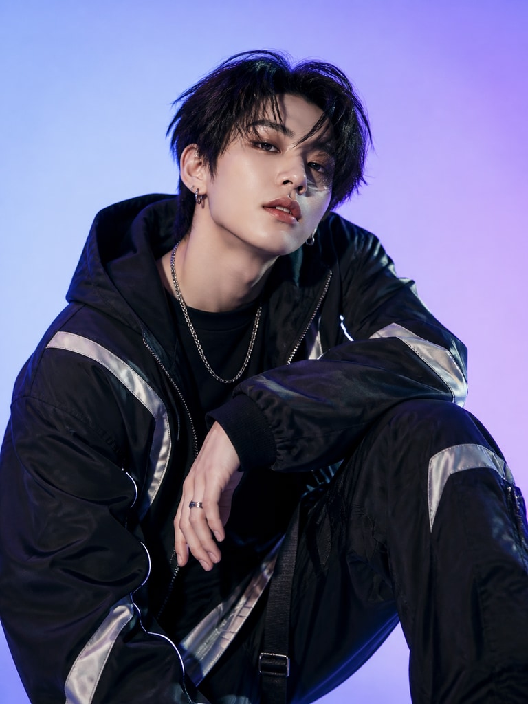 Fictional adult K-pop dance unit character in streetwear styling with confident pose and editorial portrait framing