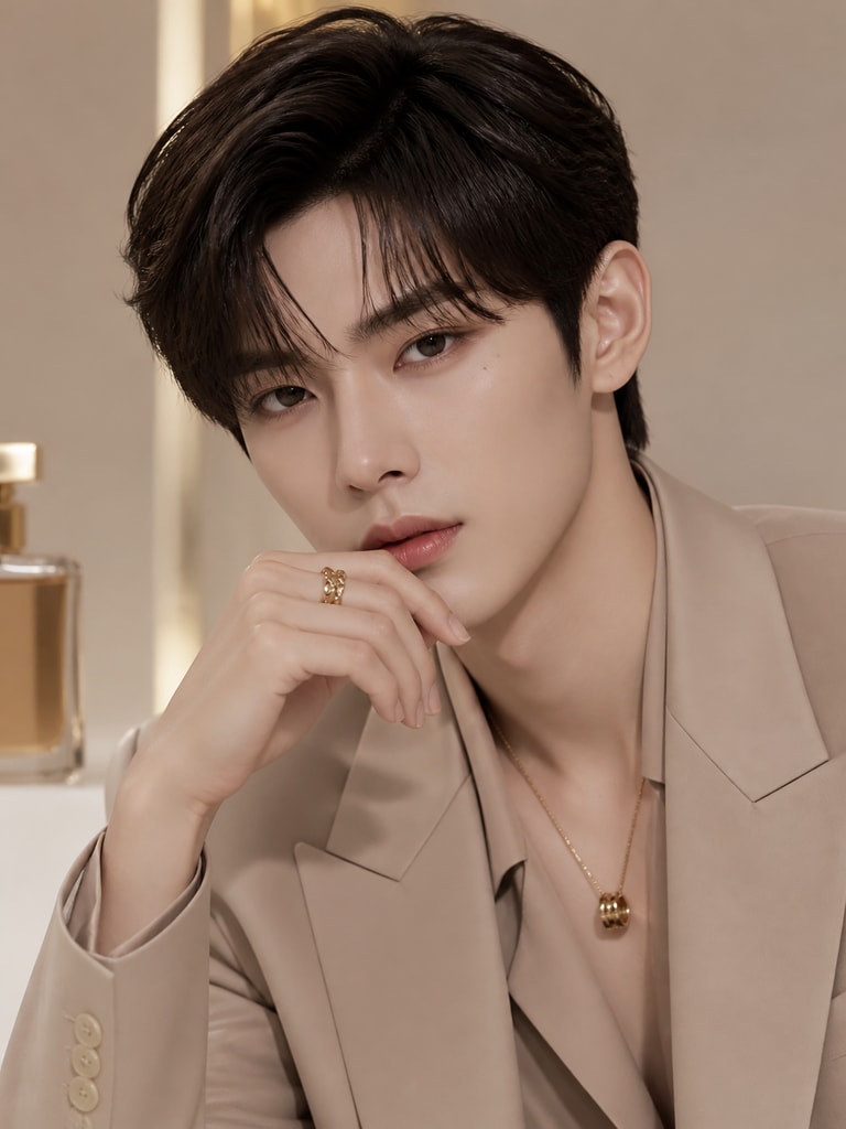 Fictional adult idol character with premium fashion styling, clean beauty look, and luxury campaign portrait
