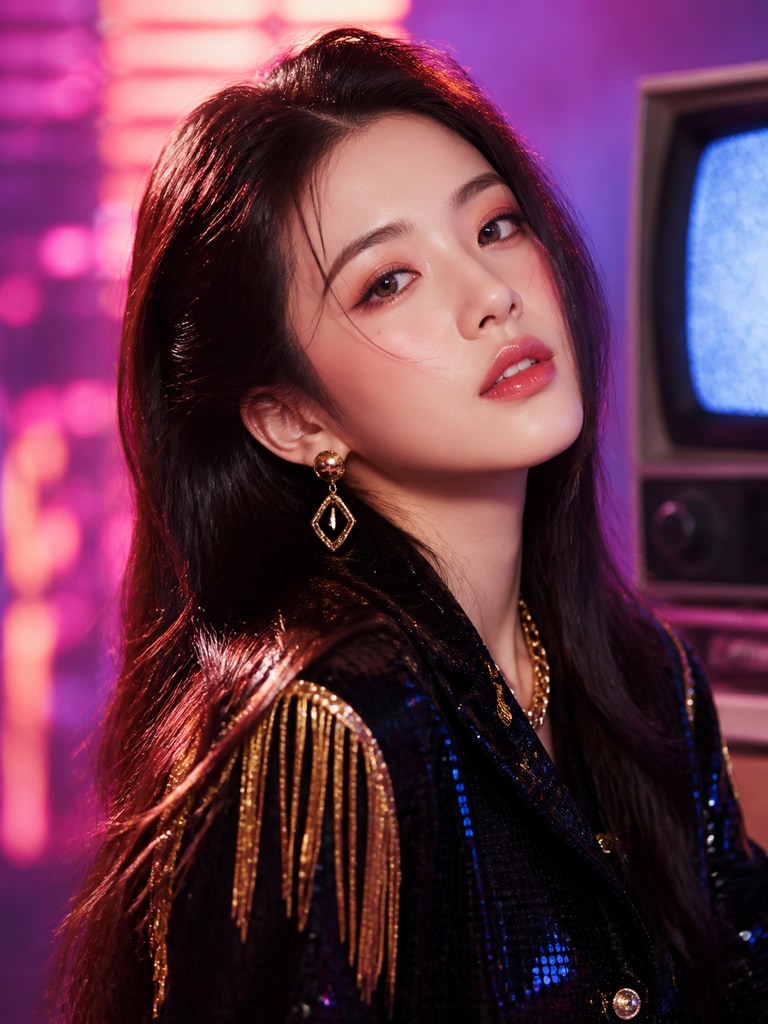 Fictional adult K-pop performer character inspired by retro MV aesthetics with bold color styling and portrait composition