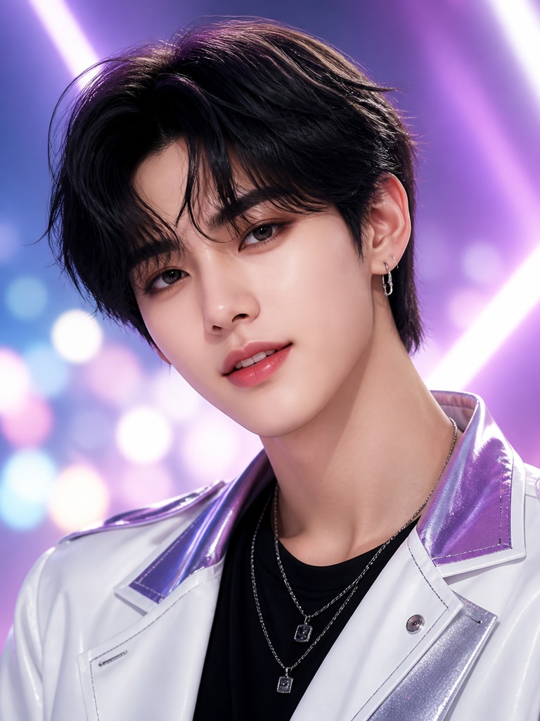 Fictional adult K-pop avatar character for fan community profiles with bright styling and clear facial detail
