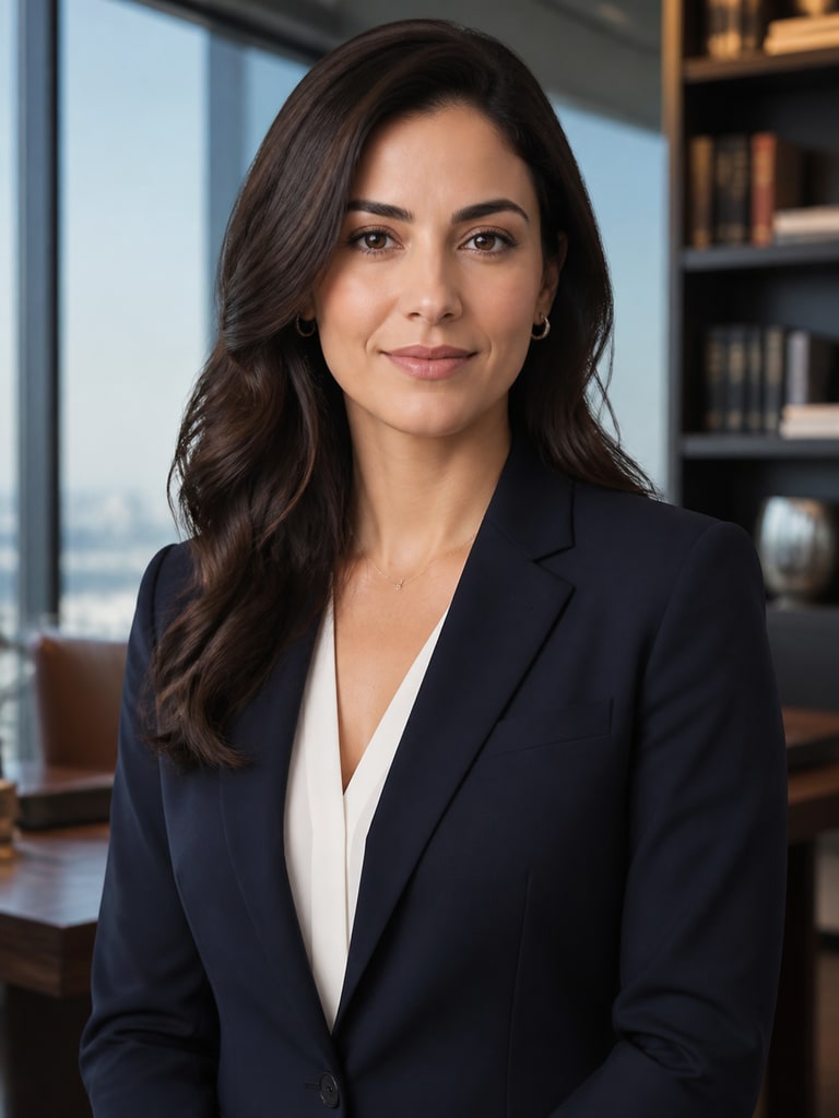 AI lawyer headshot of a corporate attorney in a navy suit for a law firm bio page