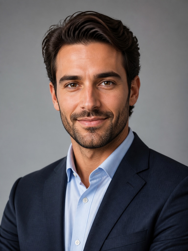 AI LinkedIn profile photo of an adult remote professional with a warm home-office inspired style