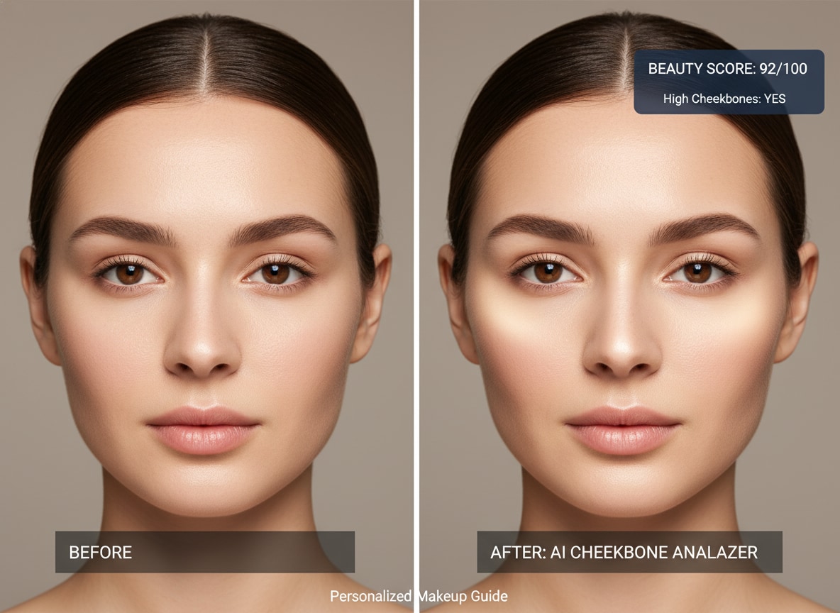 Woman applying makeup using AI cheekbone analyzer