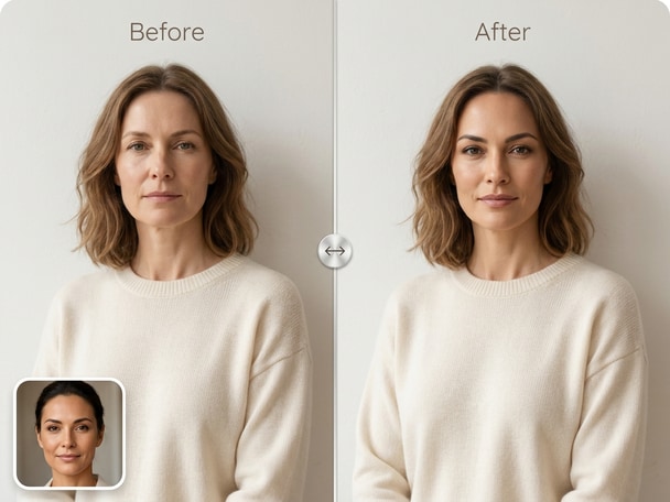 Before and after AI model face swap showcasing realistic face replacement on fashion model