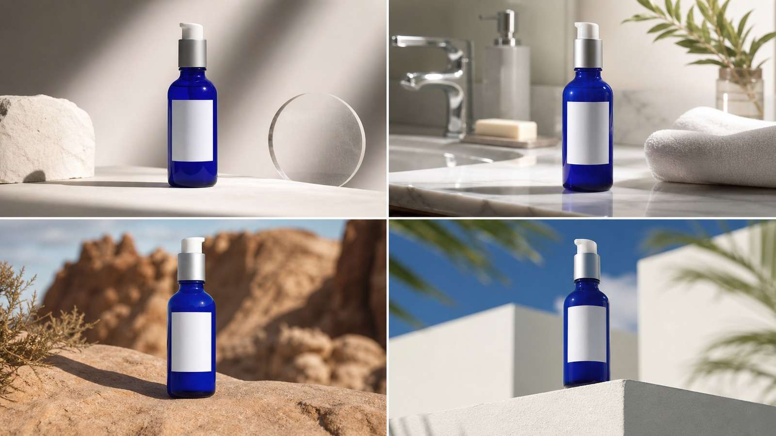 Same skincare bottle tested in studio bathroom and outdoor campaign scenes with geometry and label preservation