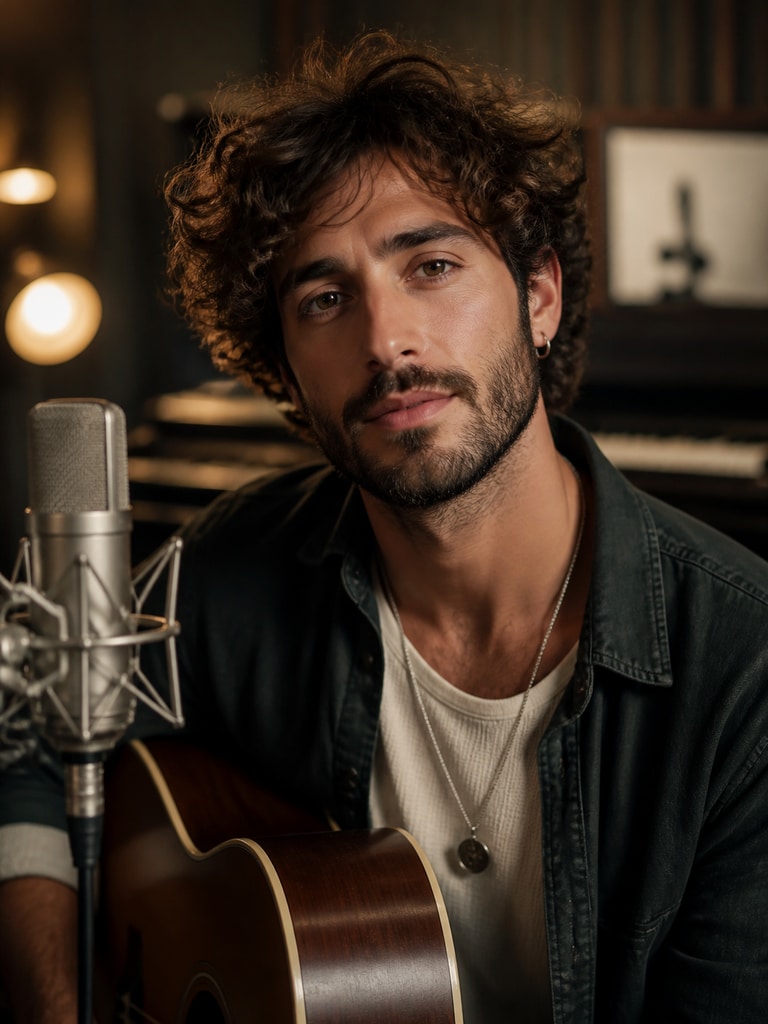 A warm AI musician headshot for an indie singer-songwriter with a relaxed studio look and natural lighting