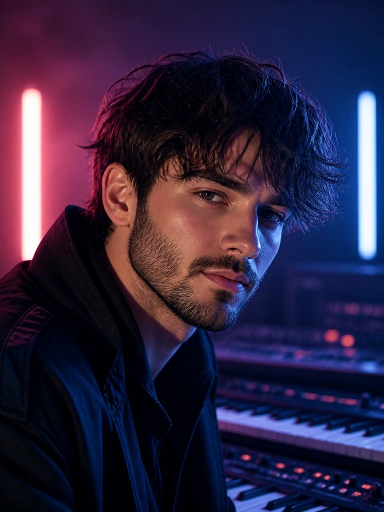 A modern AI musician headshot for an electronic producer with moody neon lighting and a sleek urban backdrop