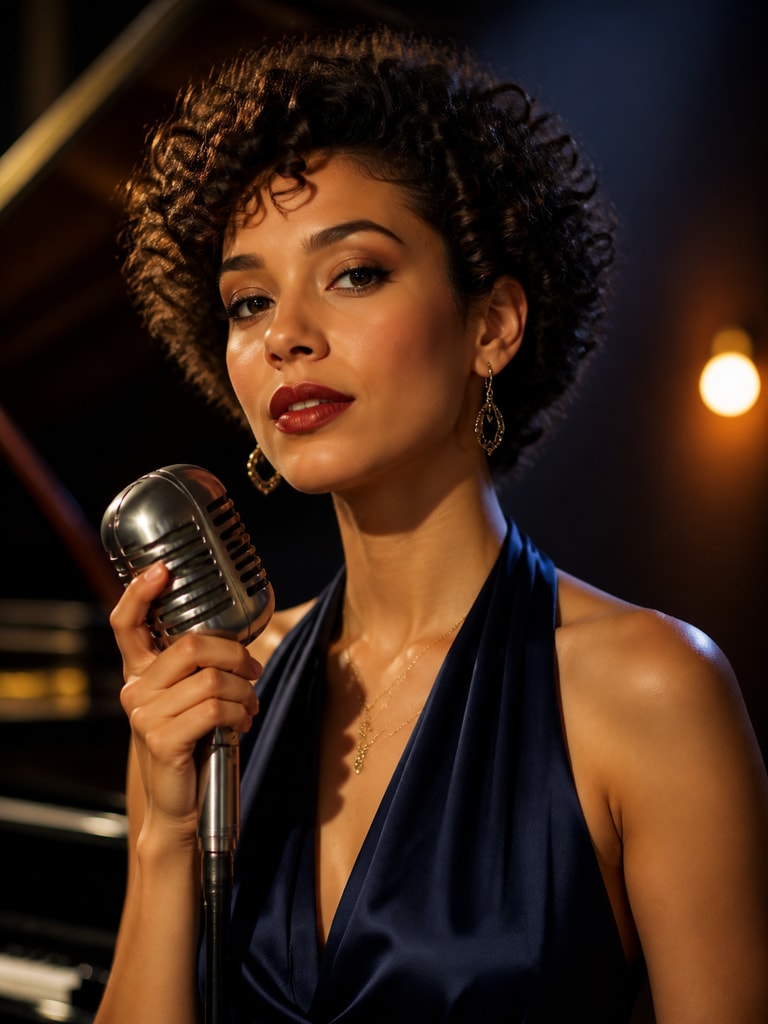 A refined AI musician headshot for a jazz vocalist with elegant styling and soft stage-inspired lighting