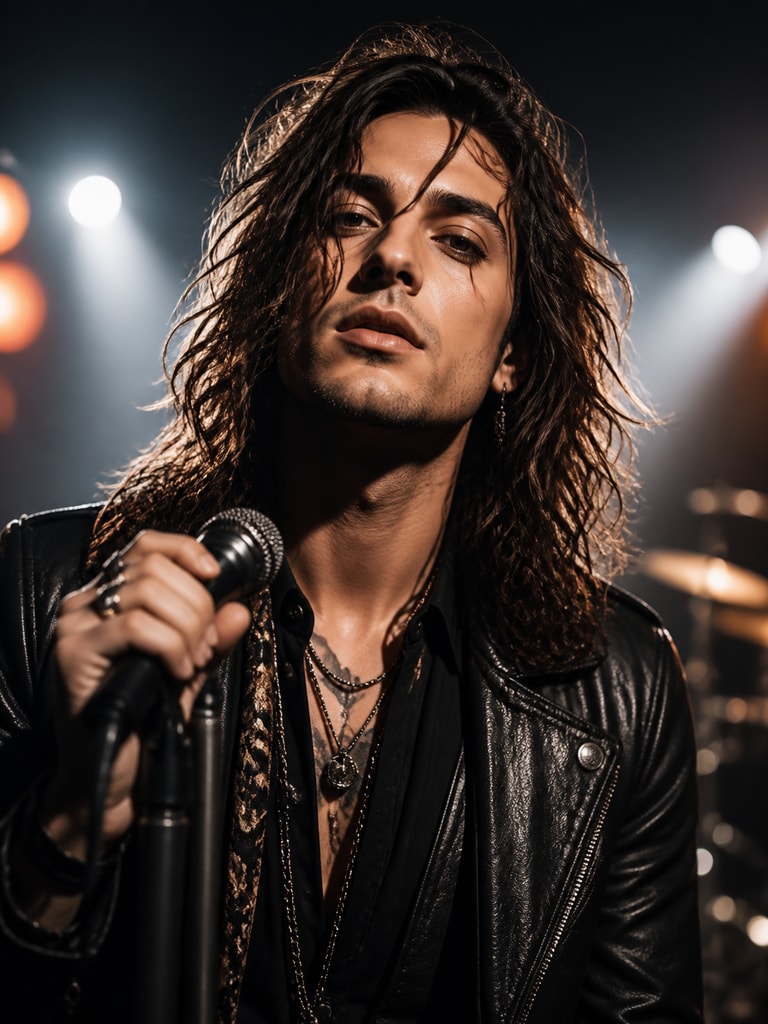 An energetic AI musician headshot for a rock frontperson with bold contrast and a performance-ready feel