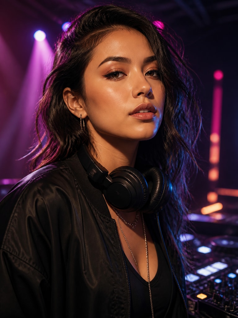 A polished AI musician headshot for a DJ with club-inspired lighting and a confident promotional pose