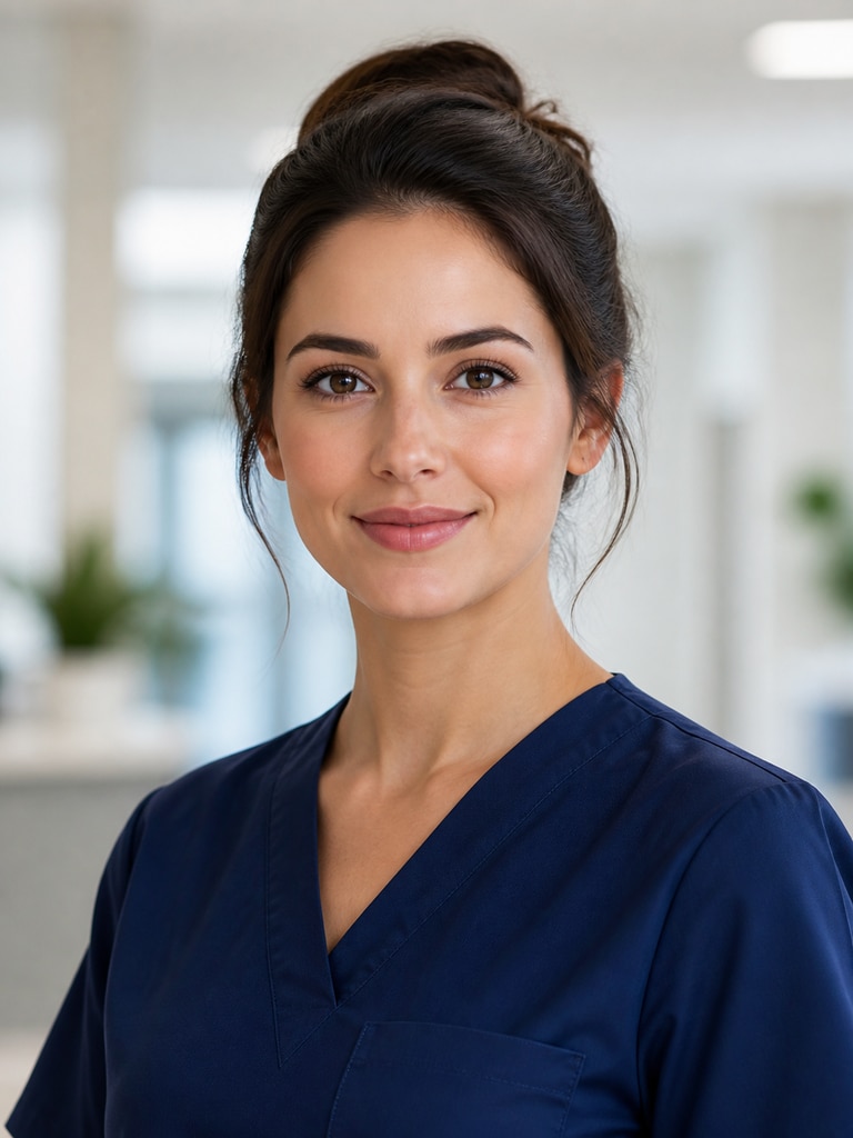Friendly pediatric nurse AI headshot with warm smile and clean clinic background for staff bio page