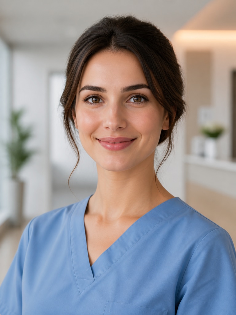 Professional registered nurse AI headshot in navy scrubs for hospital staff directory