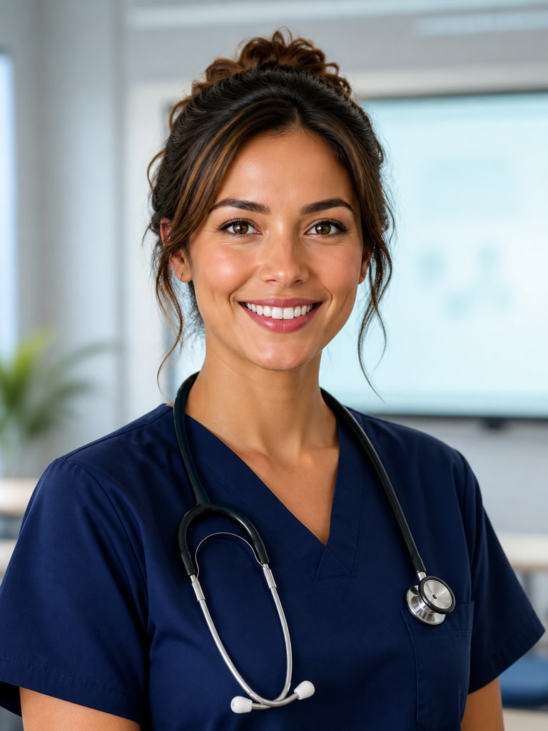 Approachable travel nurse AI headshot styled for healthcare recruiting campaign