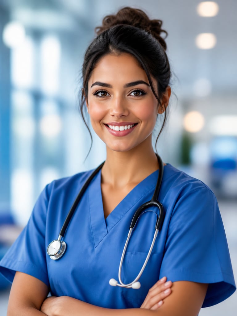 Compassionate home health nurse AI headshot for patient-facing care team page