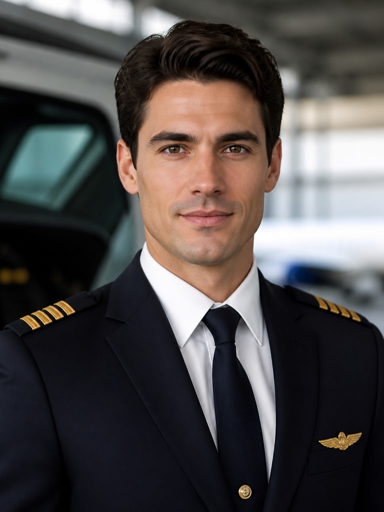 AI pilot headshot of an adult airline first officer in uniform for a resume or crew bio