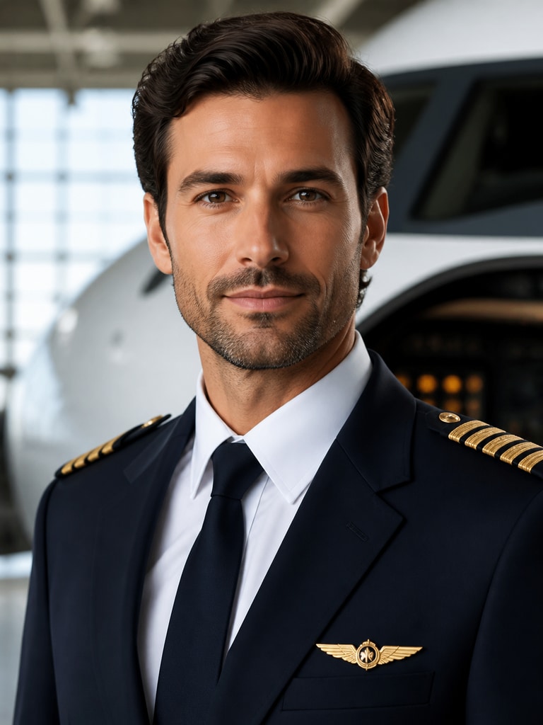 Professional AI pilot portrait of an adult captain for airline crew biography pages