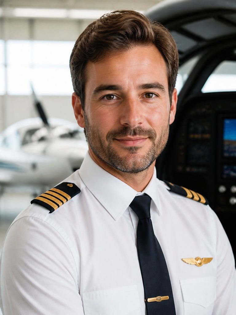 AI aviation headshot of an adult flight instructor for a school website or training program profile