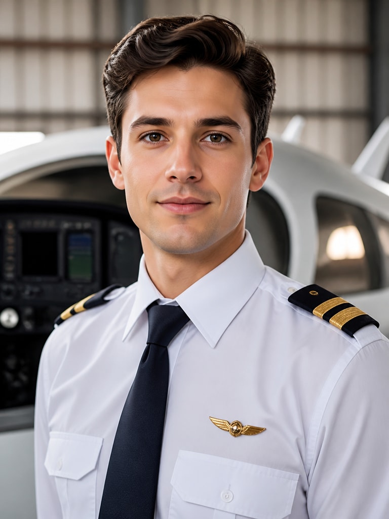 AI pilot headshot of an adult aviation student for academy directories and scholarship applications