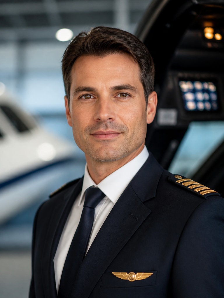 AI-generated aviation LinkedIn headshot of an adult commercial pilot in a professional setting