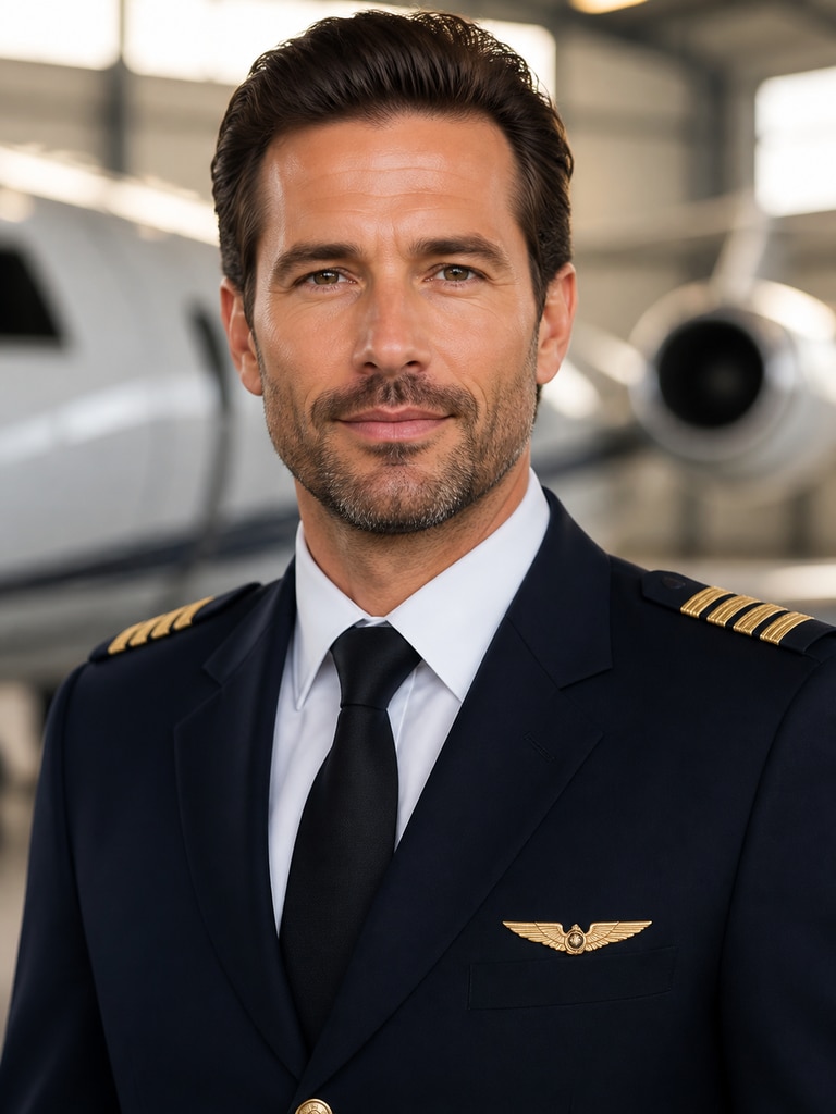 AI pilot profile image of an adult corporate aviation professional for company bios and branding