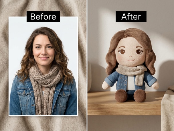 AI plush toy generator example showing realistic plush-style photo