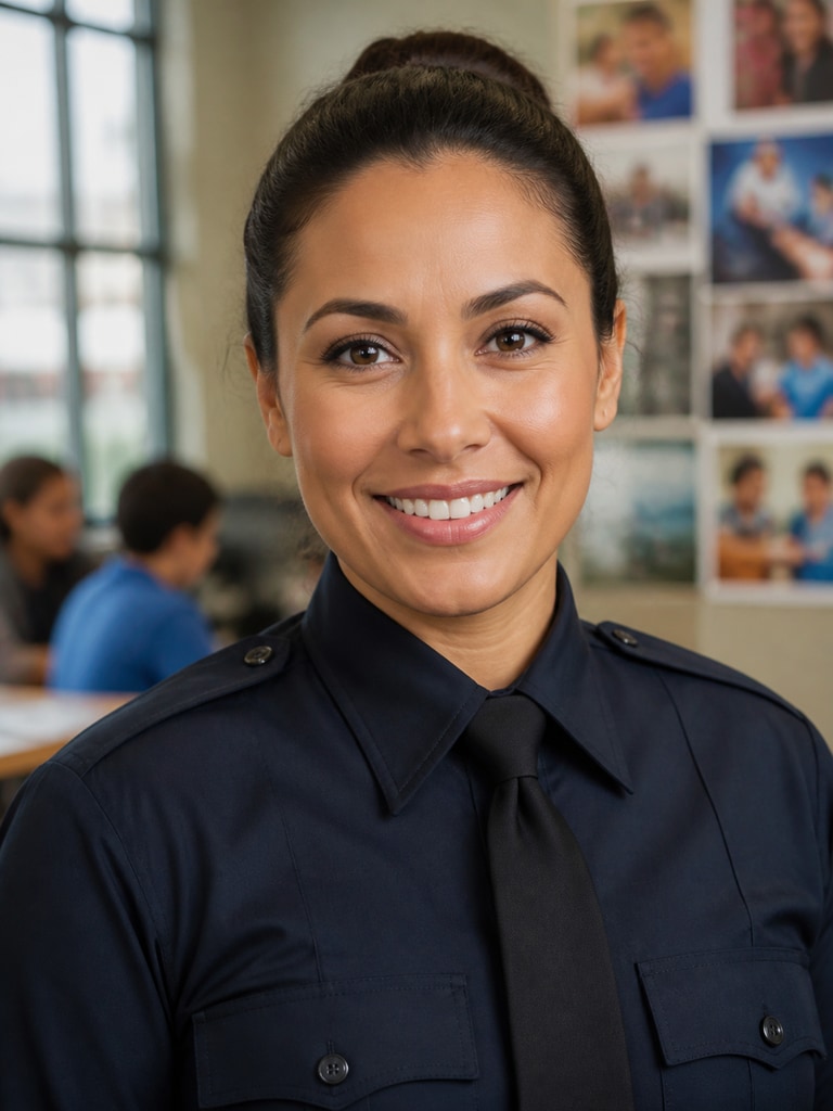 Fictional adult police officer portrait for community outreach, realistic 3:4 headshot