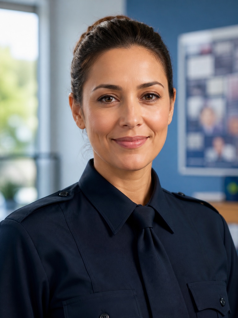 Fictional adult police department staff headshot for a directory page, realistic 3:4 portrait