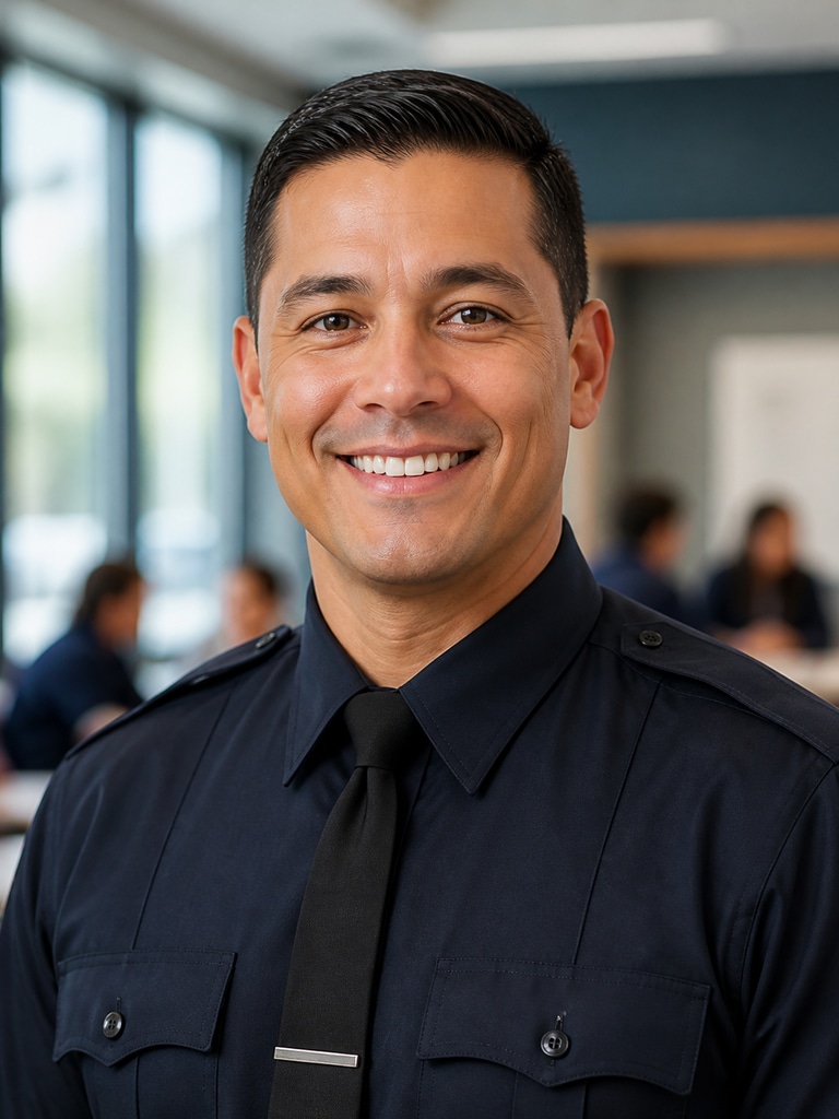 Polished fictional patrol supervisor portrait for a public safety bio, 3:4 headshot