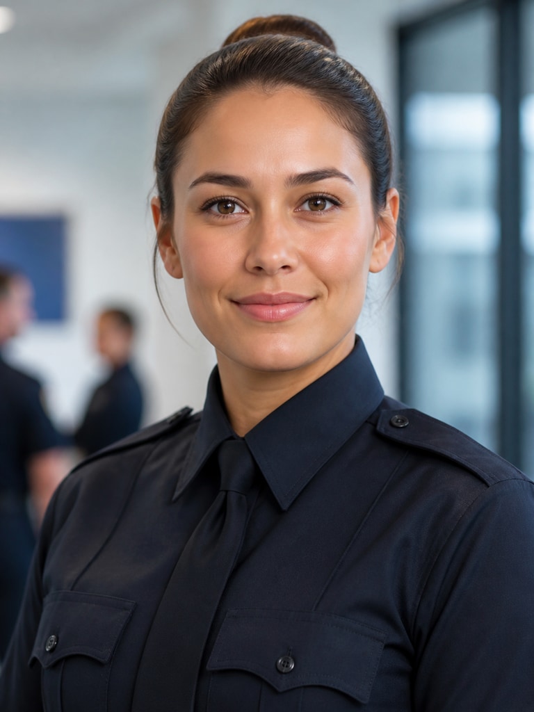 Fictional police recruiting portrait with a professional, approachable look in 3:4 format