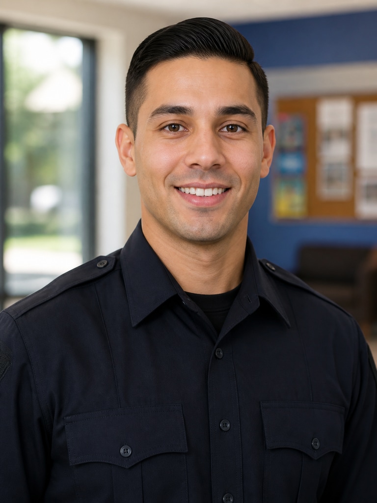 Friendly fictional neighborhood resource officer headshot for outreach materials, realistic 3:4 portrait