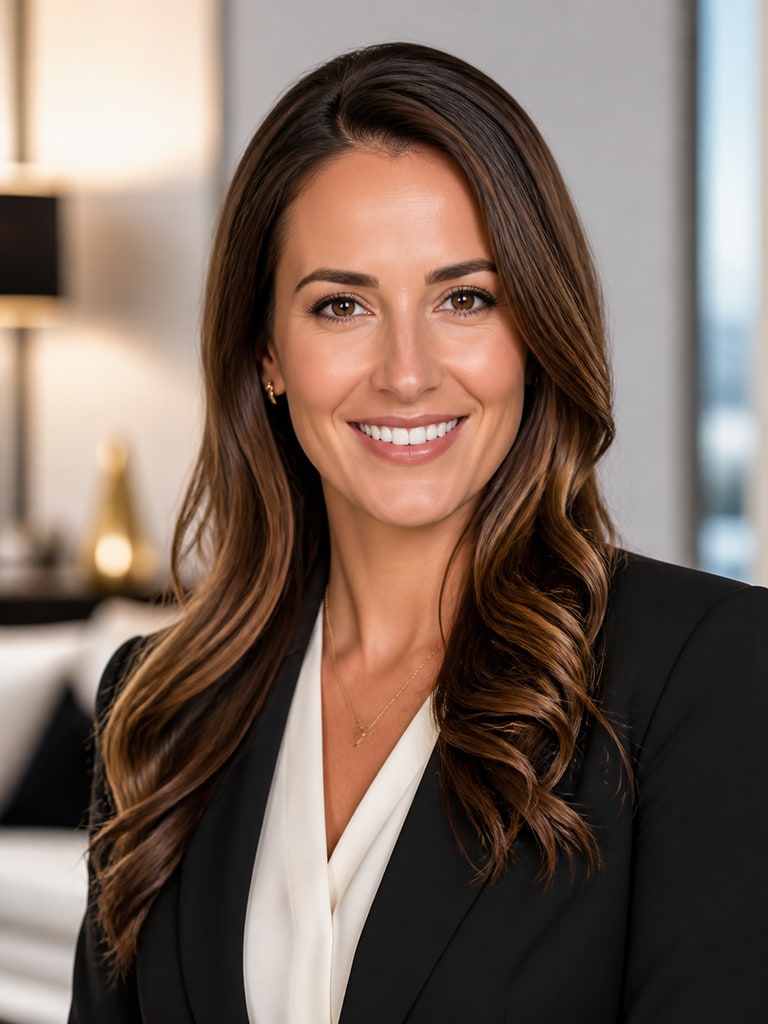 AI-generated luxury real estate agent headshot with tailored blazer, soft studio lighting, and upscale neutral backdrop