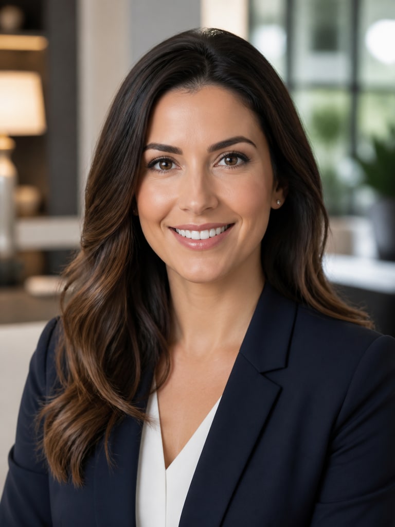 AI realtor profile image for a residential agent bio page with approachable smile and clean office-style background