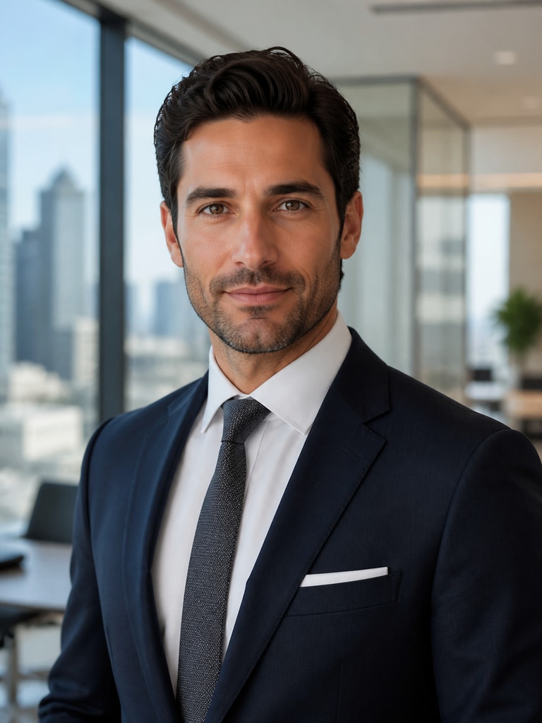 AI commercial real estate agent headshot with structured suit, urban office backdrop, and composed executive presence