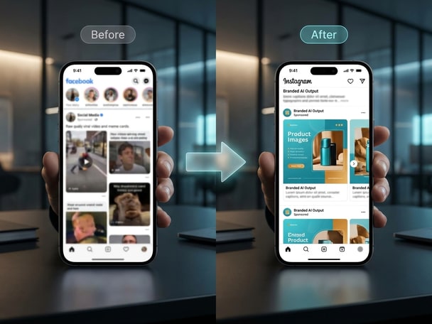 Graphic showing branded AI post creation workflow
