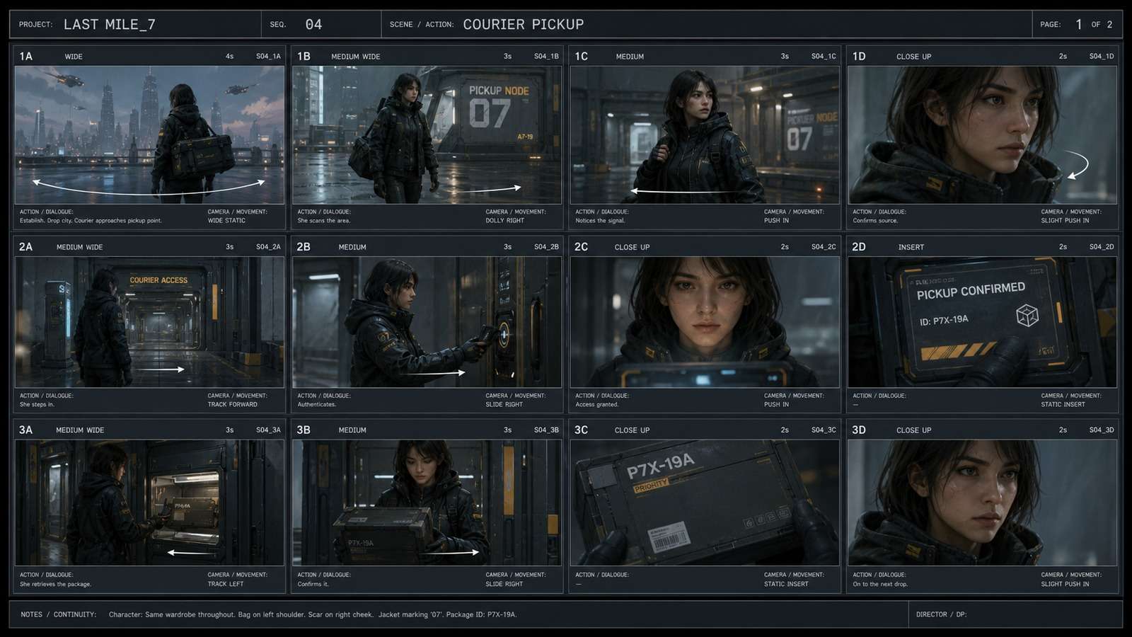 Storyboard grid with stable characters shot sizes camera notes duration and continuity markers