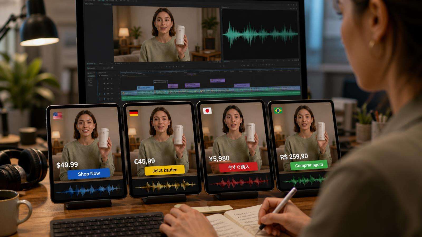 One ecommerce video ad branching into US, Germany, Japan, and Brazil versions with localized voice, lip sync, captions, price, and CTA