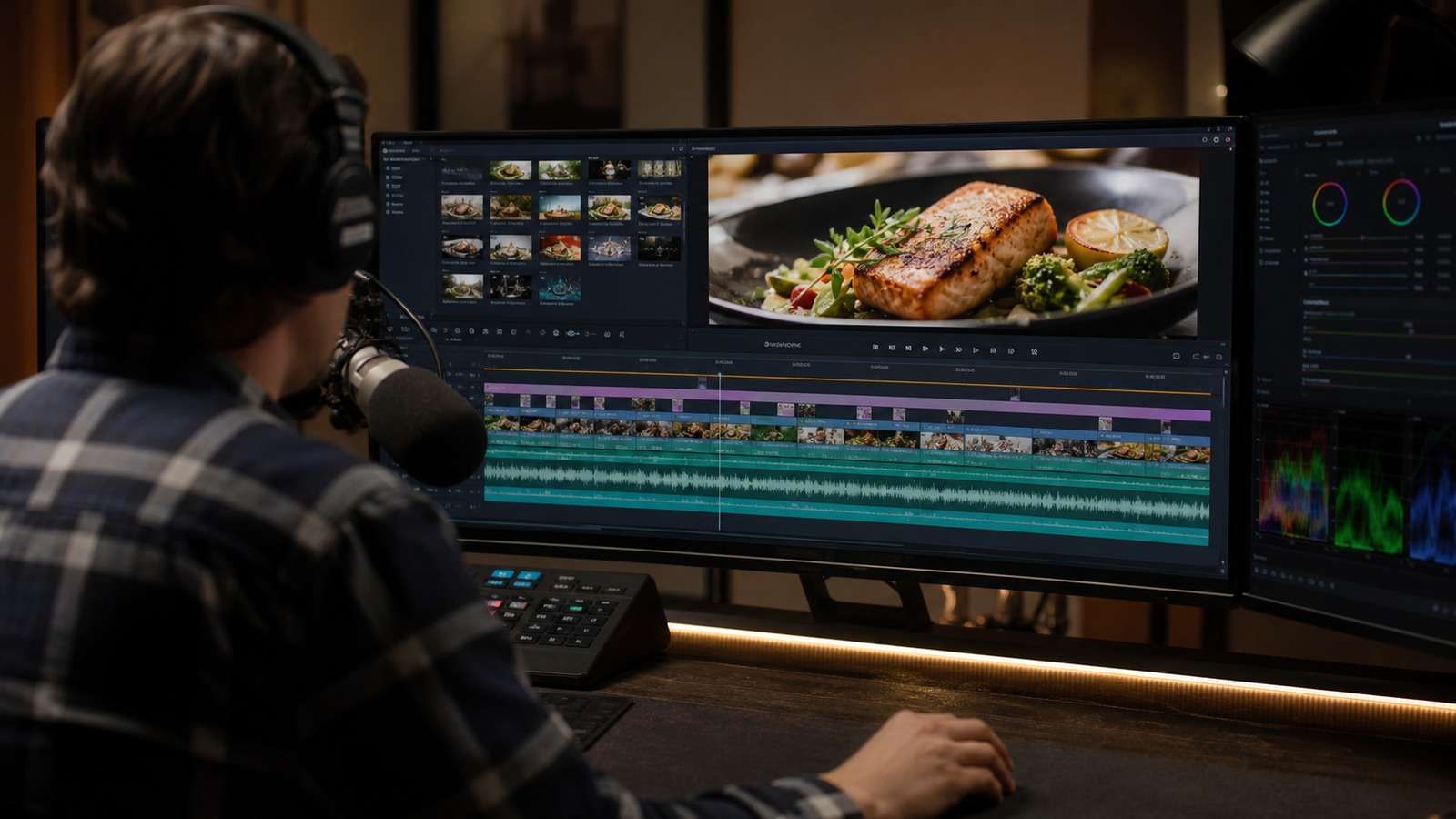 Professional editing timeline combining AI video clips, voice, music, captions, and color correction
