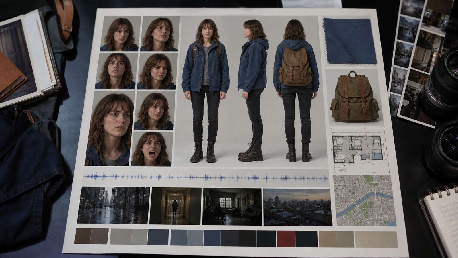 AI video continuity bible with character angles wardrobe props environment camera and voice references