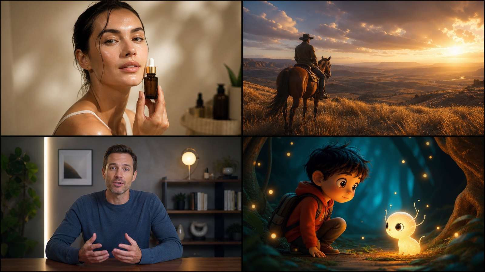 Finished AI video examples for social media, product advertising, presenter video, and animated storytelling