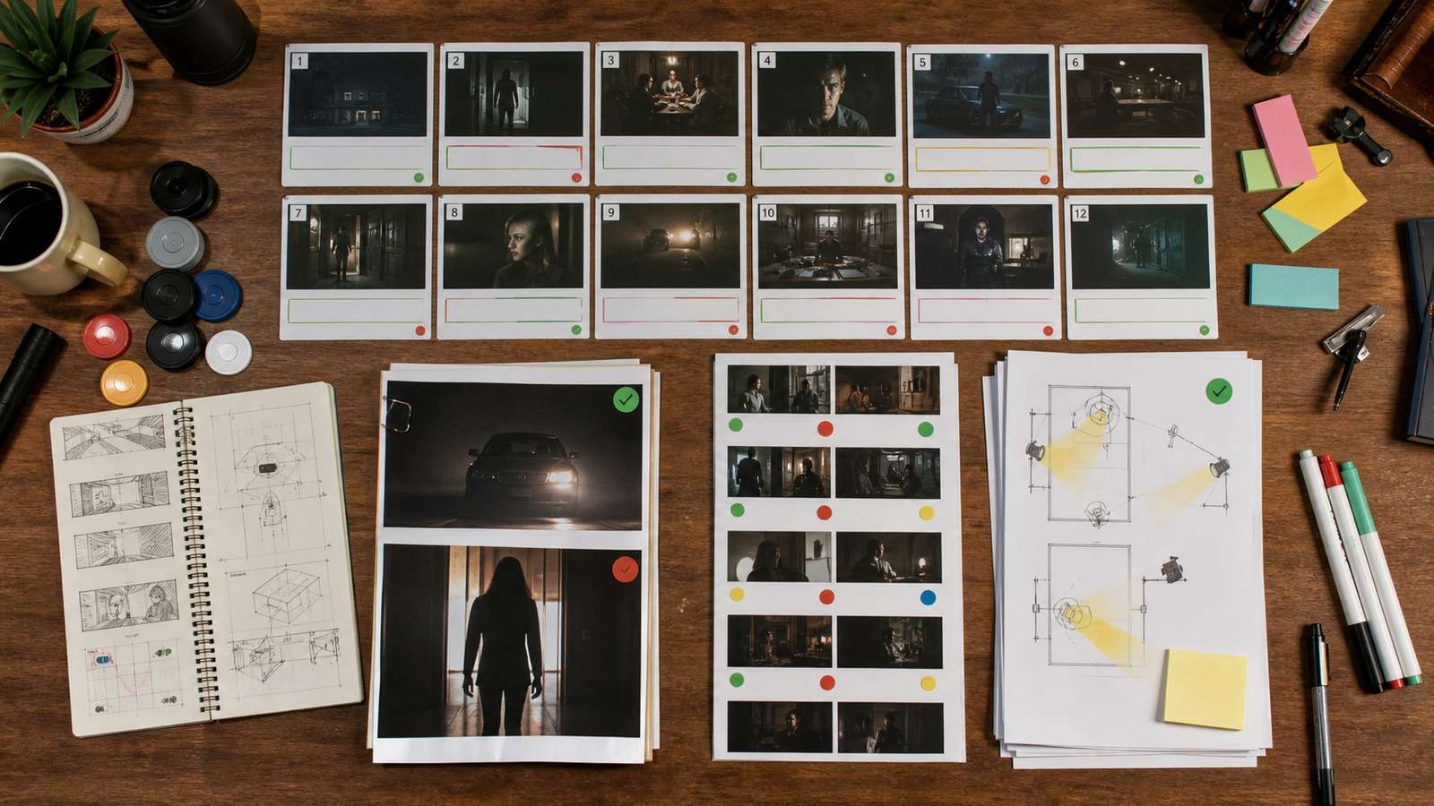 AI video shot ledger with approved frames continuity references camera lighting and revision markers