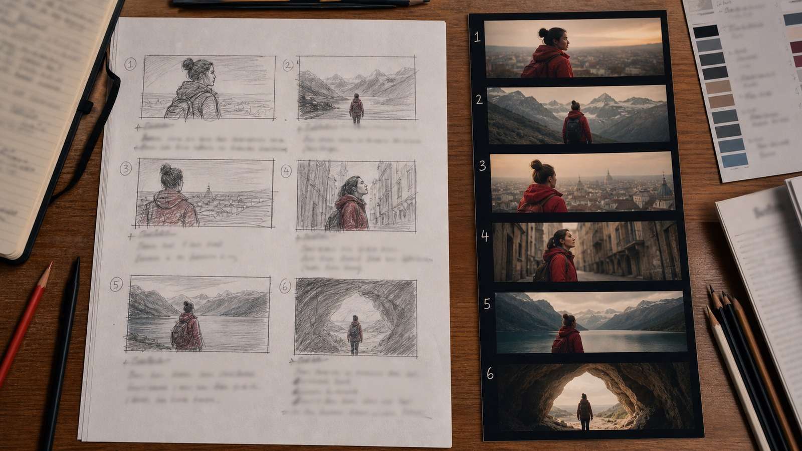 Realistic storyboard and matched AI video frames maintaining the same character across multiple shots