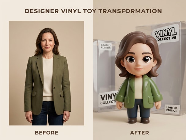 Before and after comparison of AI vinyl toy photo