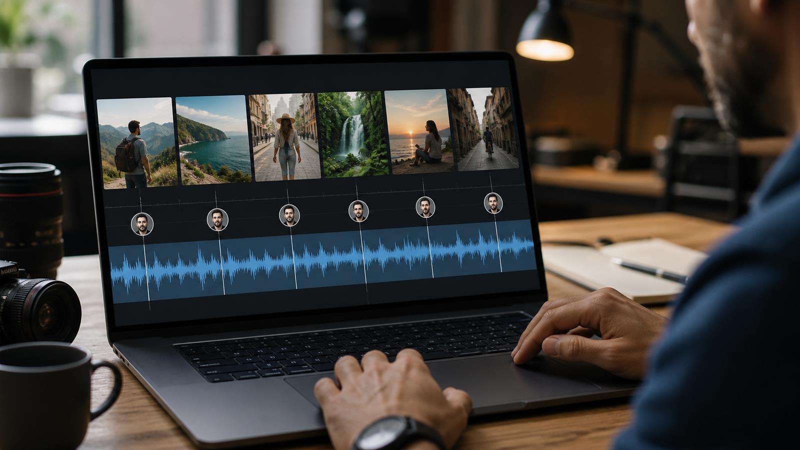 A video series timeline with the same narrator voice waveform and identity profile staying consistent across six different clips