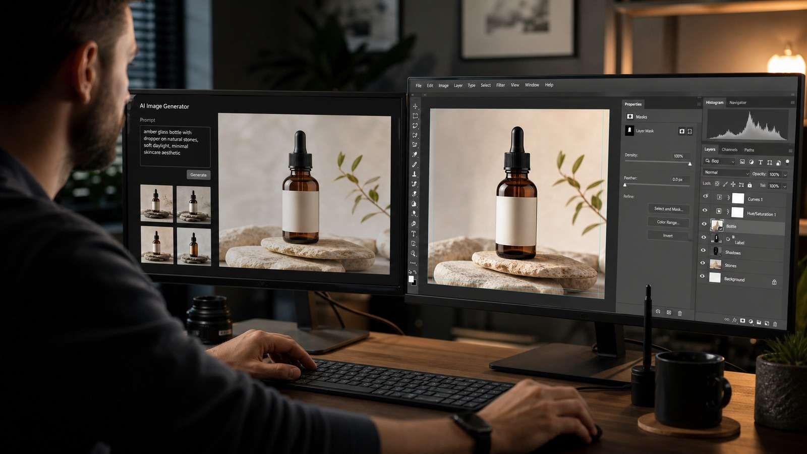 Before and after editing desk showing fast AI transformations beside precise layered Photoshop compositing